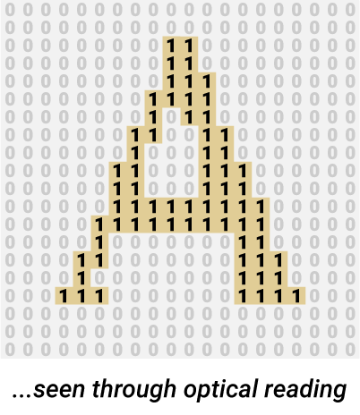 image showing a letter as seen by optical reading software, with full areas being ones and empty areas being zero in binary